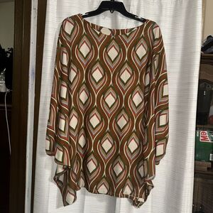 Bryn Walker Woven Mod Geo Print Top Sz L Dolman Sleeve Coordinating Tunic